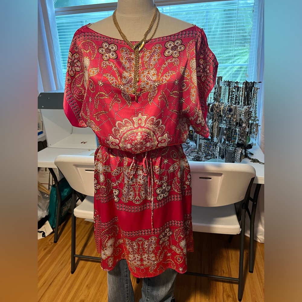 Tunic Top/ Dress Hot Pink Print Satin Circle Hardware Small